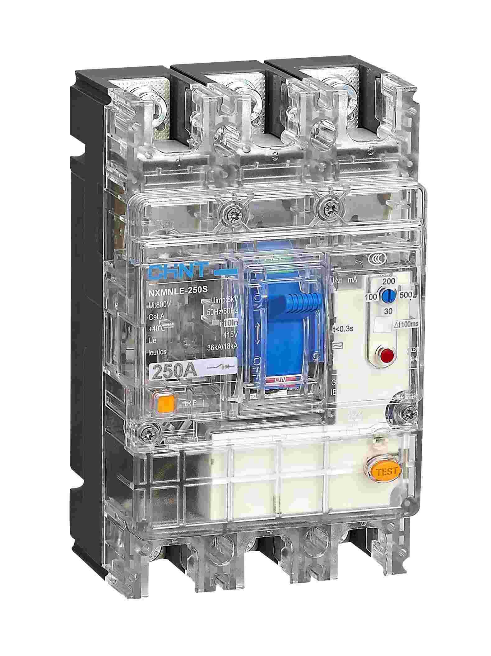 NXMNLE-250S 3P 透明壳剩余电流动作断路器侧俯图